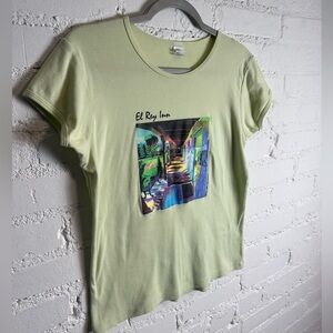 Y2K Art Tee | El Rey Inn 2004 Joan Steinman Graphic Tee in Light Green XL